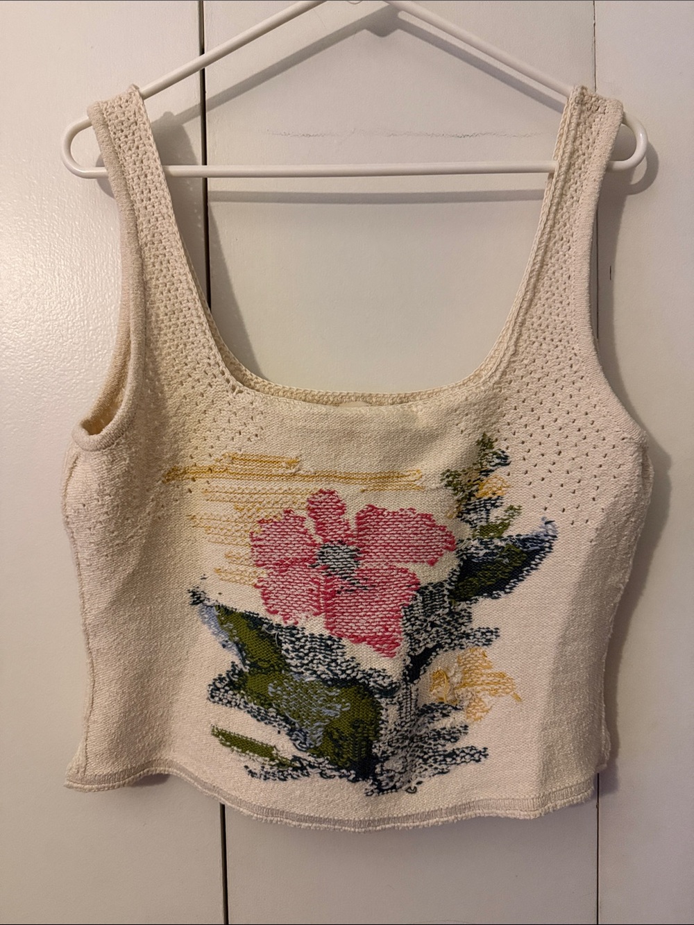PILCRO Cream Floral Knit Tank Top with Pink Flower